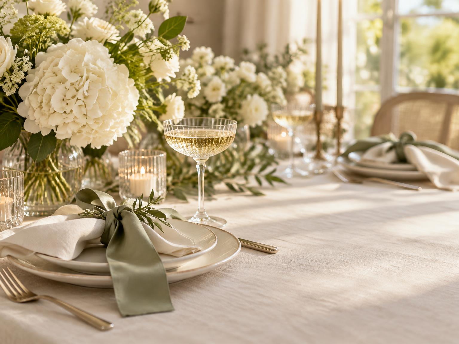 A sunlit celebration table with white flowers and champagne